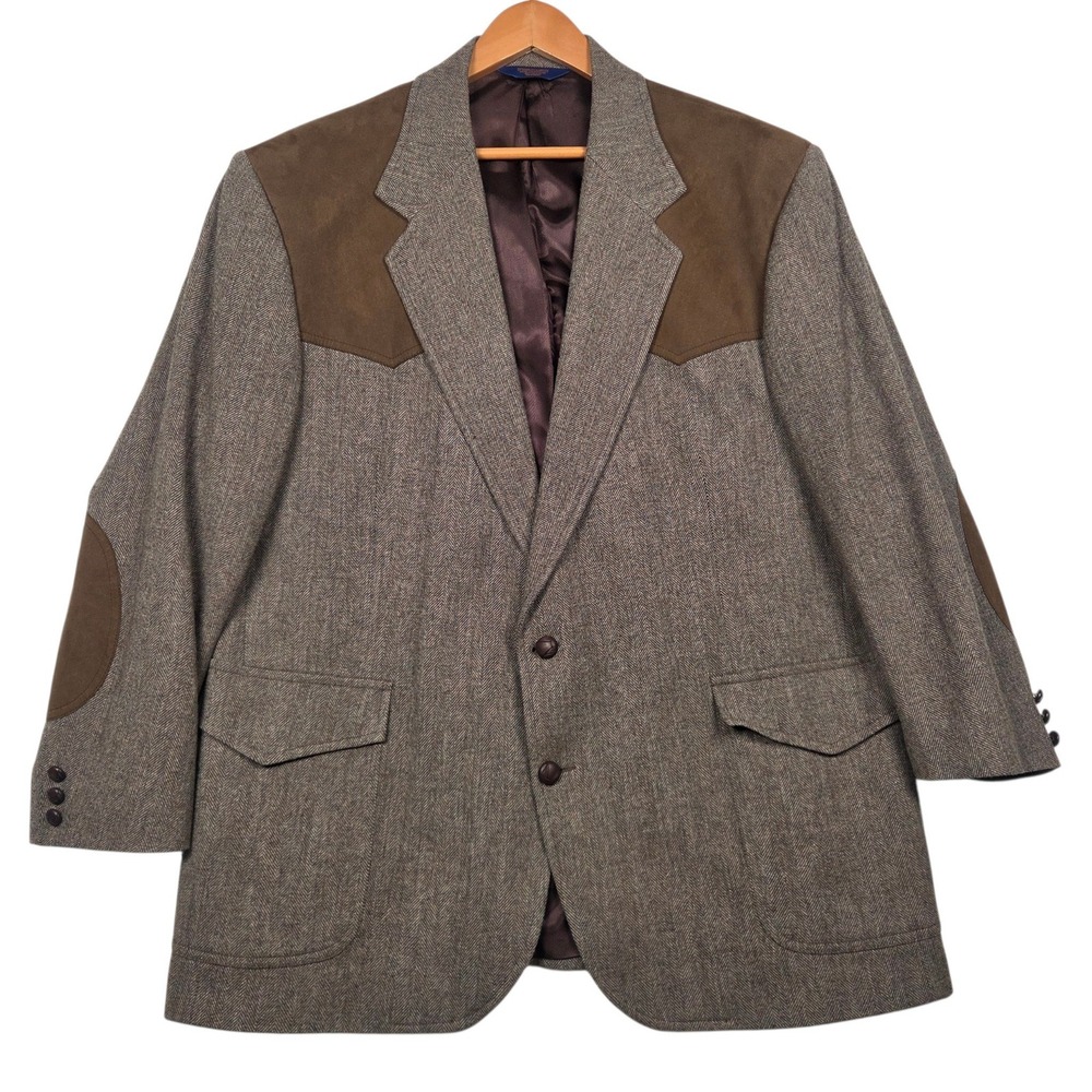 Vintage Pendleton Sport Coat Mens 48 Brown Herringbone Wool Western Suede Blazer